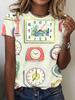 Retro Clock Print Round Neck T-shirt, Spring and Summer Casual Short-sleeved Tops, Women's Clothing