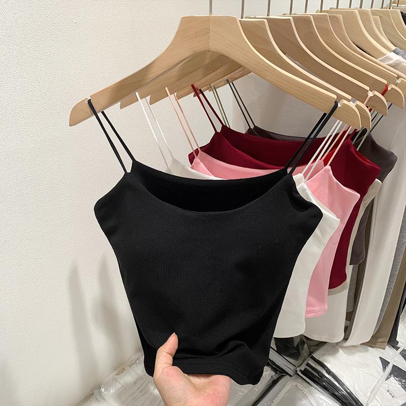 

Европейские и американские сексуальные топы на тонких бретельках с нагрудными вкладышами для женщин – новый летний стиль, высококачественная верхняя и нижняя одежда Small чёрный