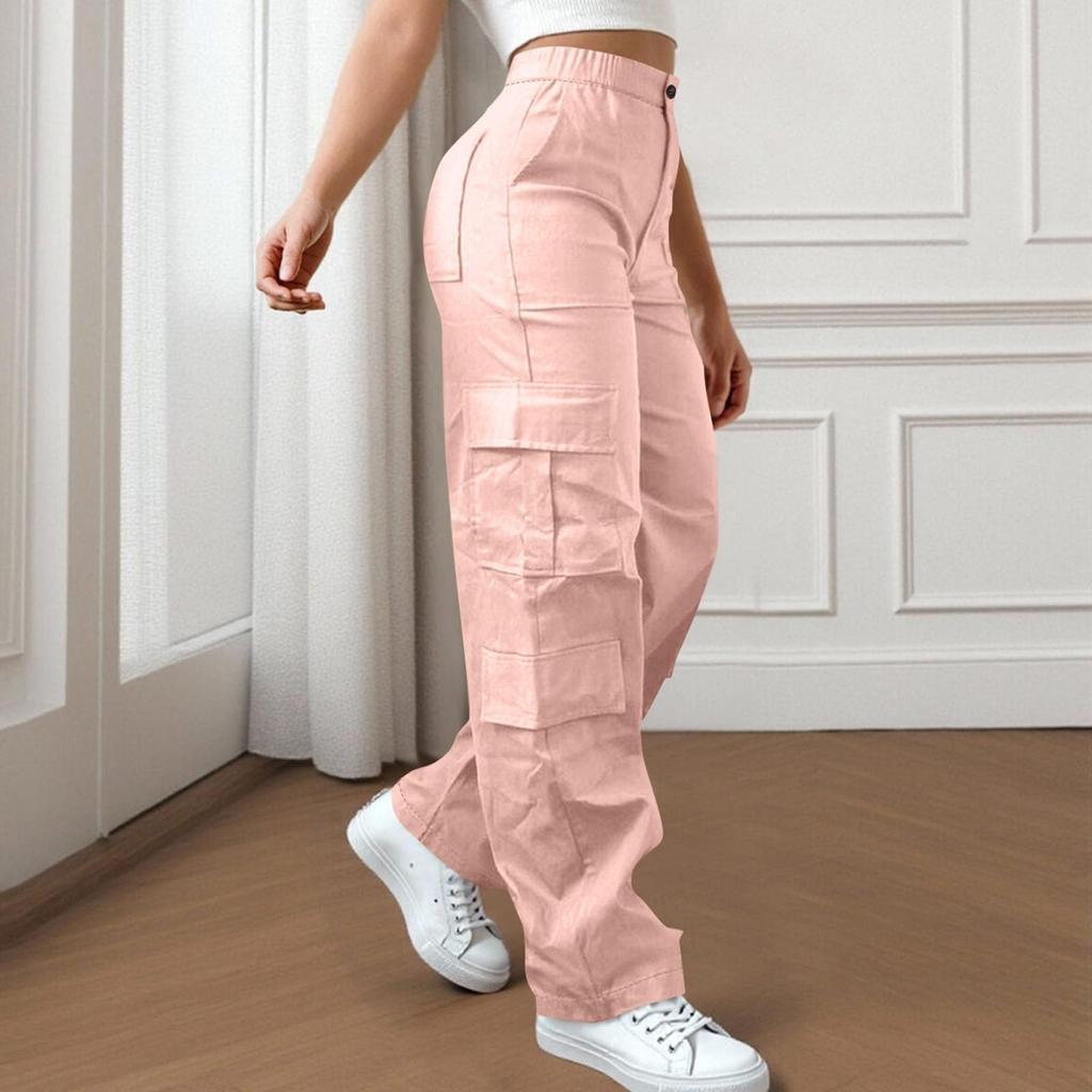 Womens Elastic High Waisted Cargo Pants Stretch Casual Wide Leg Streetwear Parachute Hiking Pants With Pockets