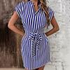 Rochie Mini de Vară pentru Femei Decolteu în V Fără Mâneci Talie Strânsă cu Șnururi Rochie Scurtă Imprimeu cu Dungi Verticale Rochie de Birou pentru Vacanță