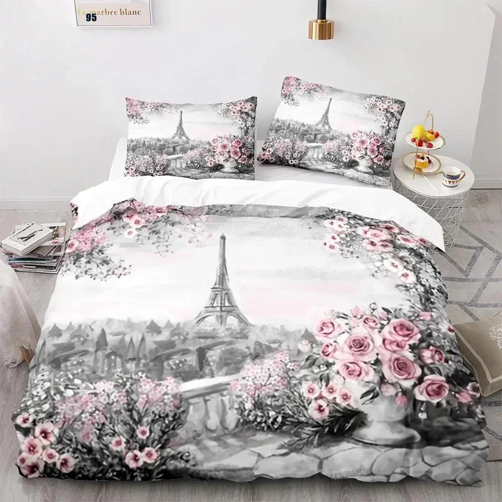 Eiffel Tower Duvet Cover Set King Size Vintage Beautiful World Famous Building Sakura Twin Polyester Bedding Set For Kids Girls