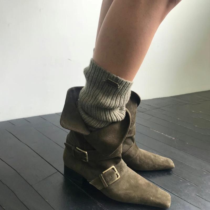 Cowhide version~ Fashion women's boots niche street shooting catwalk square head western cowboy boots women's thick heel leather short boots