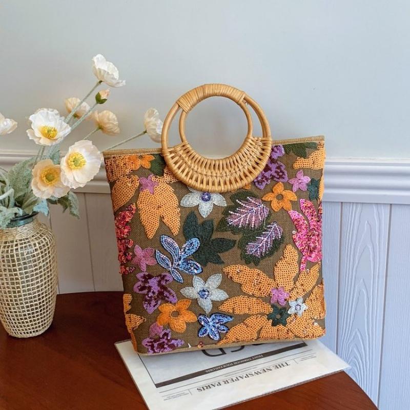Ethnic Style Flower Embroidery Canvas Tote Bag Large Capacity Handbag For Women Top Handle Shopping Handbags