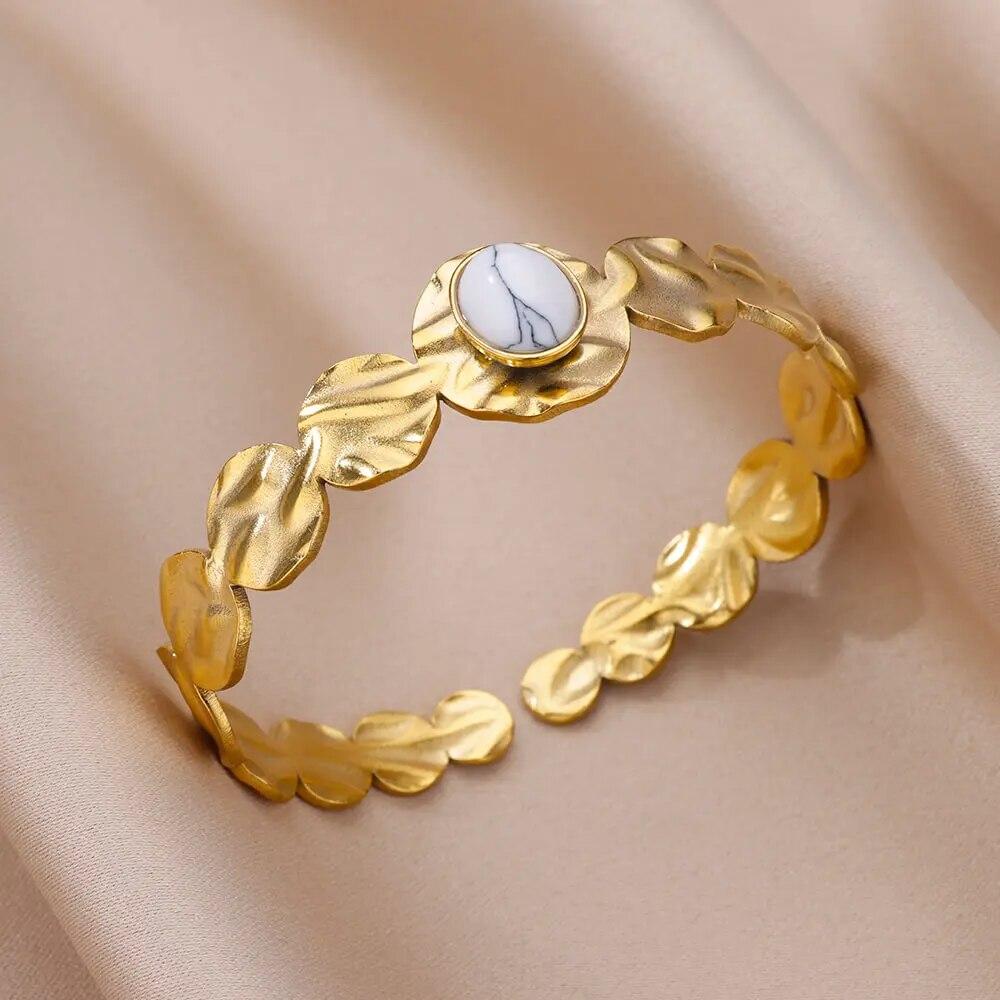 Artificial Green Stone Stainless Steel Cuff Bracelet for Women Gold Color Bangle Bracelets Female Vintage Jewelry Accessories