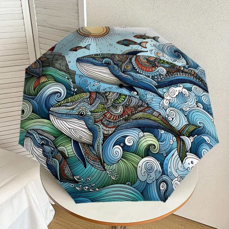 1PC Whale Ocean Automatic Open/Close Umbrella with Windproof, 8-Rib Sturdy Canopy, Durable Ribs, Fashionable Design, Outdoor Accessory, Fun Prin, Holi