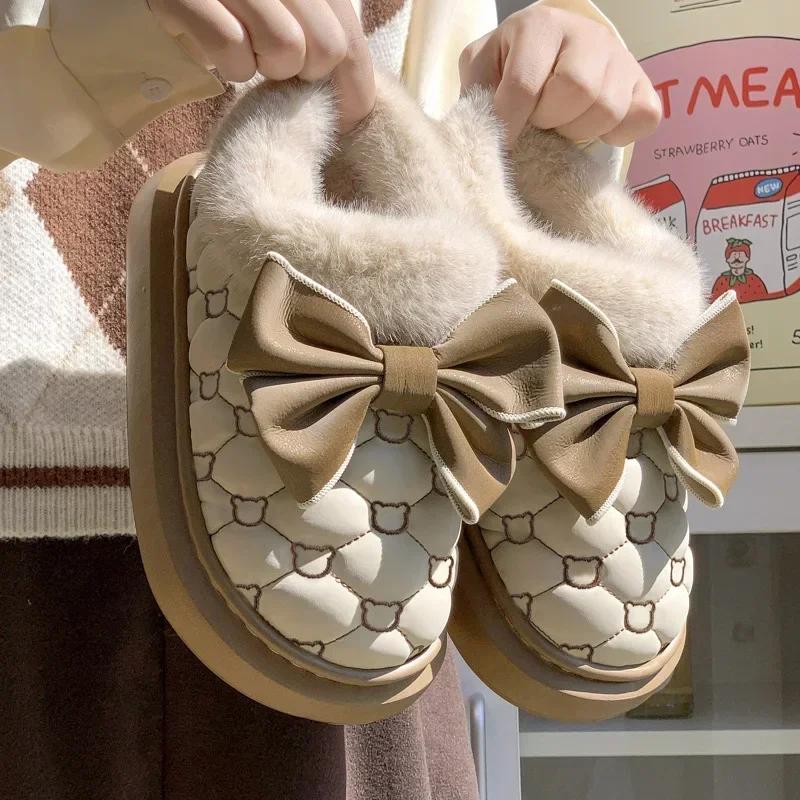 Winter Women Snow Boots Cute Bow Cotton Shoes Waterproof Down Ankle Boots Home Comfort Thick Soled Plush Boots Cotton Slippers