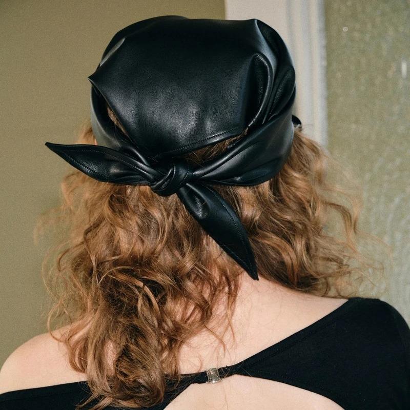 1pc Y2K Style Retro Spicy Leather Headscarf Hat Women Summer Square Scarf Hip-hop Kerchief Series Versatile Headband Hair Scarf