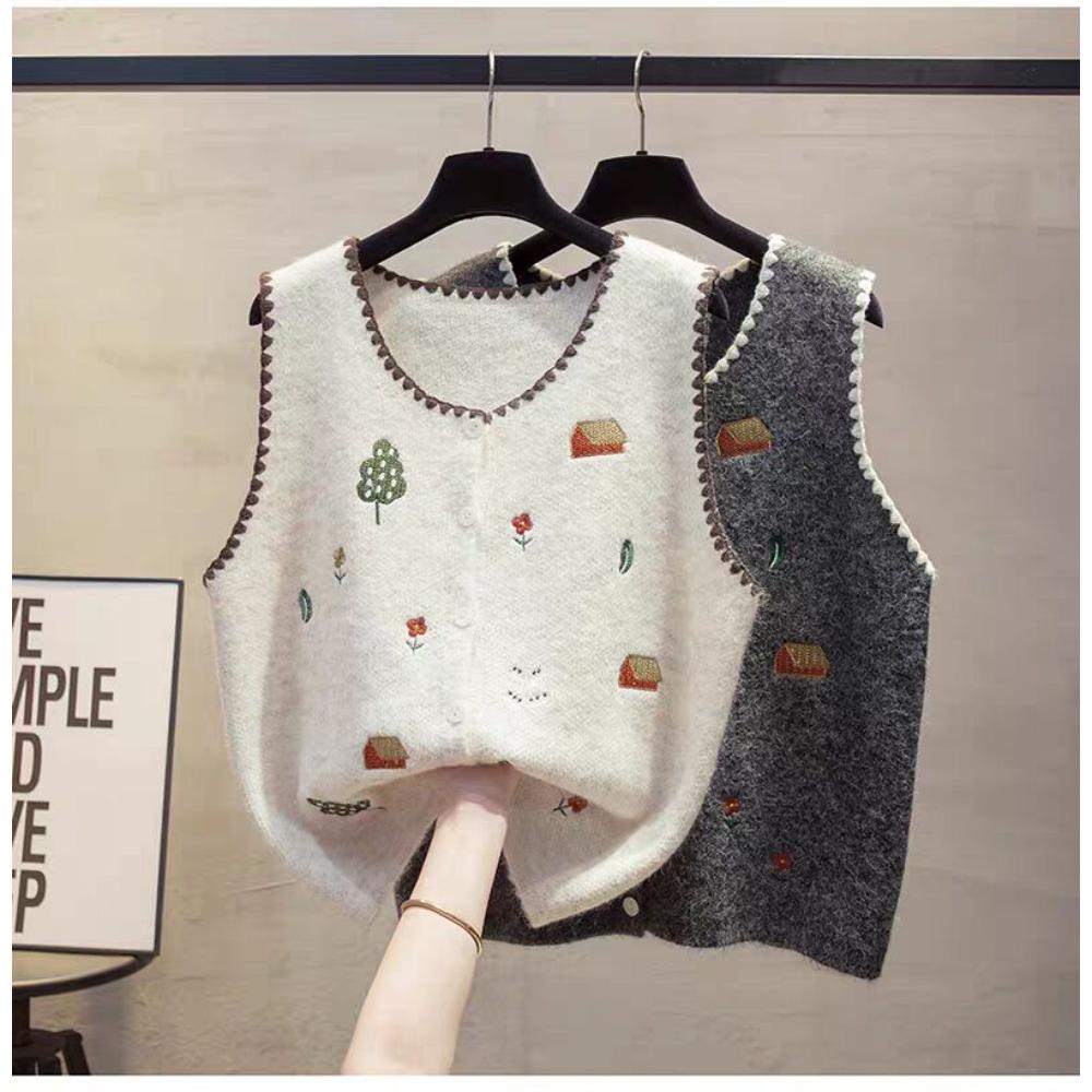 2026 Autumn New Women Sweater Knitting Fashion Tops Cardigan Lady Sleeveless Embroidery Floral Vest Tank Shirt Loose Casual