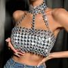 Rhinestones Diamond Body Chain Bra for Women Crystal Backless Chest Chain Halterneck Mesh Crop Top Harness Body Jewelry