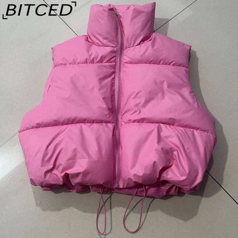 

BITCED Autumn/Winter Fashion Short-Length Solid-Colour Down-Filled Cotton Vest Slim-Fit High-Neck Loose-Fit Cotton Jacket Vest M рожевий