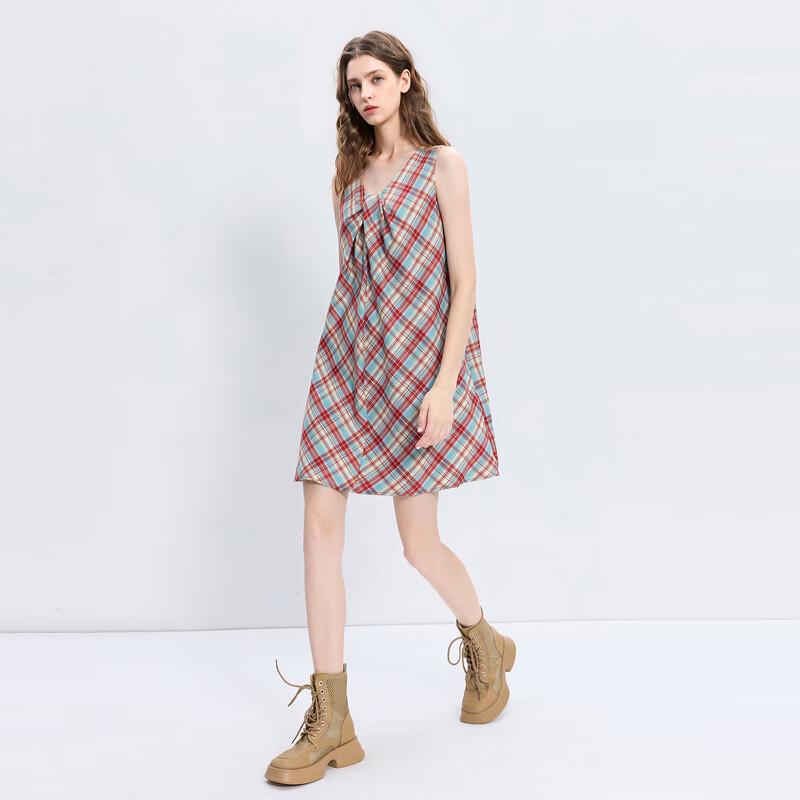 Sancai 2025 Autumn Plaid Sleeveless Deconstructed Knot A-Line Dress