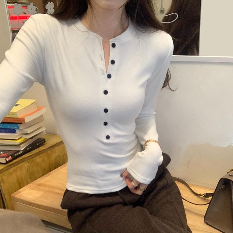 Women s Henley Collar Slim Fit Base Layer: Velvet-Lined, Warm, Versatile Top for Autumn and Winter Small