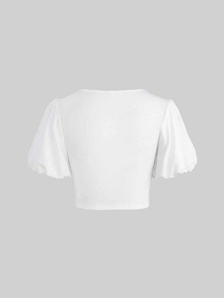 Rosegal Gothic Puffärmel Blumenspitze Panel Gebunden Rüschen Geraffte Solide Asymmetrische Kurzes Top