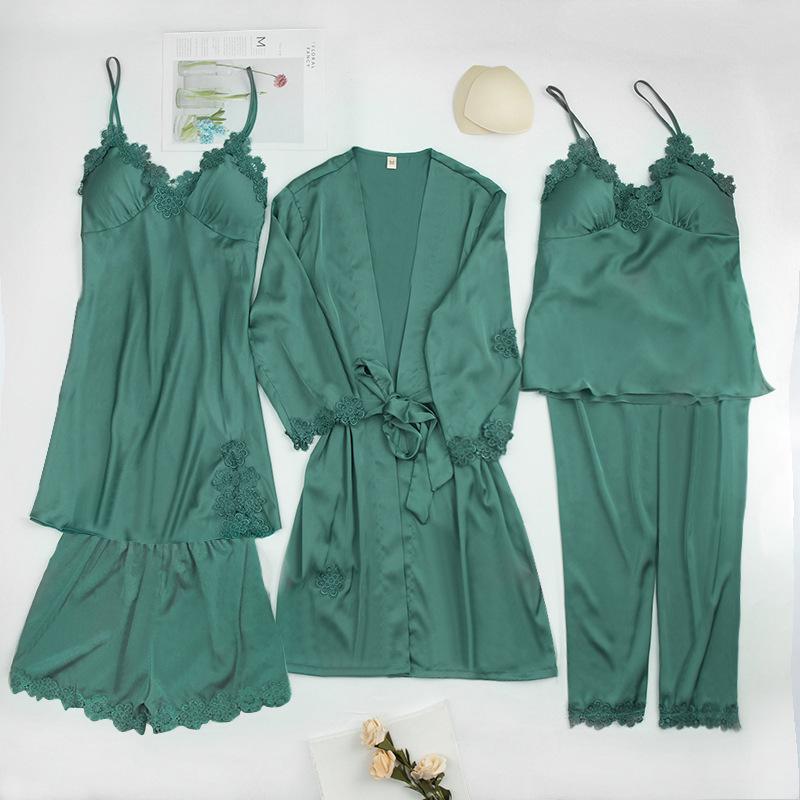 Yao Ting Satin Chiffon Five-Piece Pajama Set: Ice Silk, Casual, Sexy, with Chest Pads for Spring/Summer