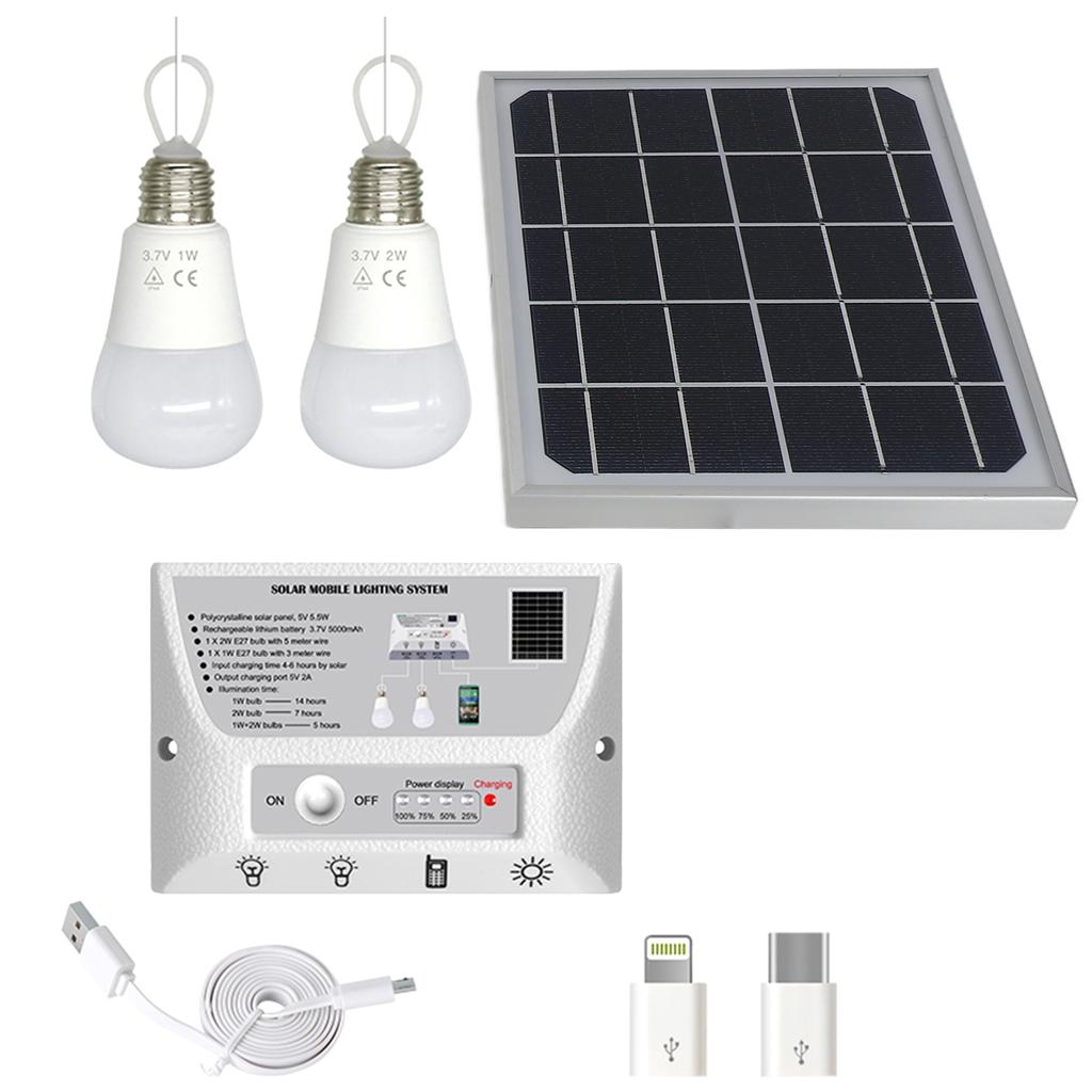 Portable Solar Lighting System Water Resistant Outdoor Solar Lamp with 5.5W Solar Panel 1W and 2W LED Bulbs for Shed