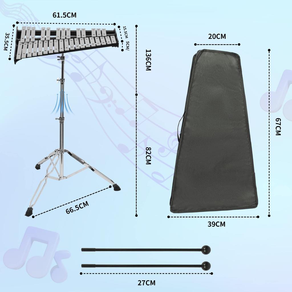 BQKOZFIN 32 Sound Glockenspiel Orff Musical Instrument Tabletop Glockenspiel 4 Mallets Stand with Storage Case for School Adjustable Height