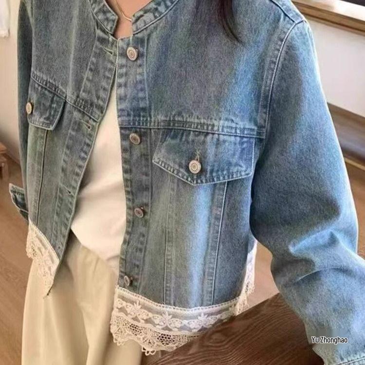 2026 Early Spring Retro Hong Kong Style Washed Lace Patchwork Denim Jacket - Women's Short Loose Fit with Small Stand Collar