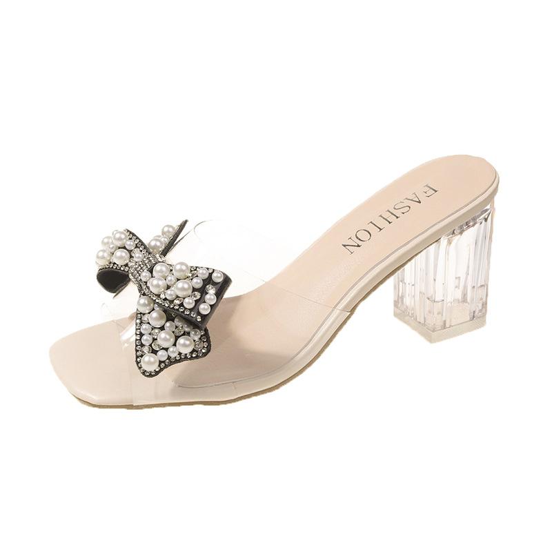 

2014 summer new transparent rhinestone bow high-heeled slippers feminine sweet crystal and accessories one-word cool slippers 43 чорний