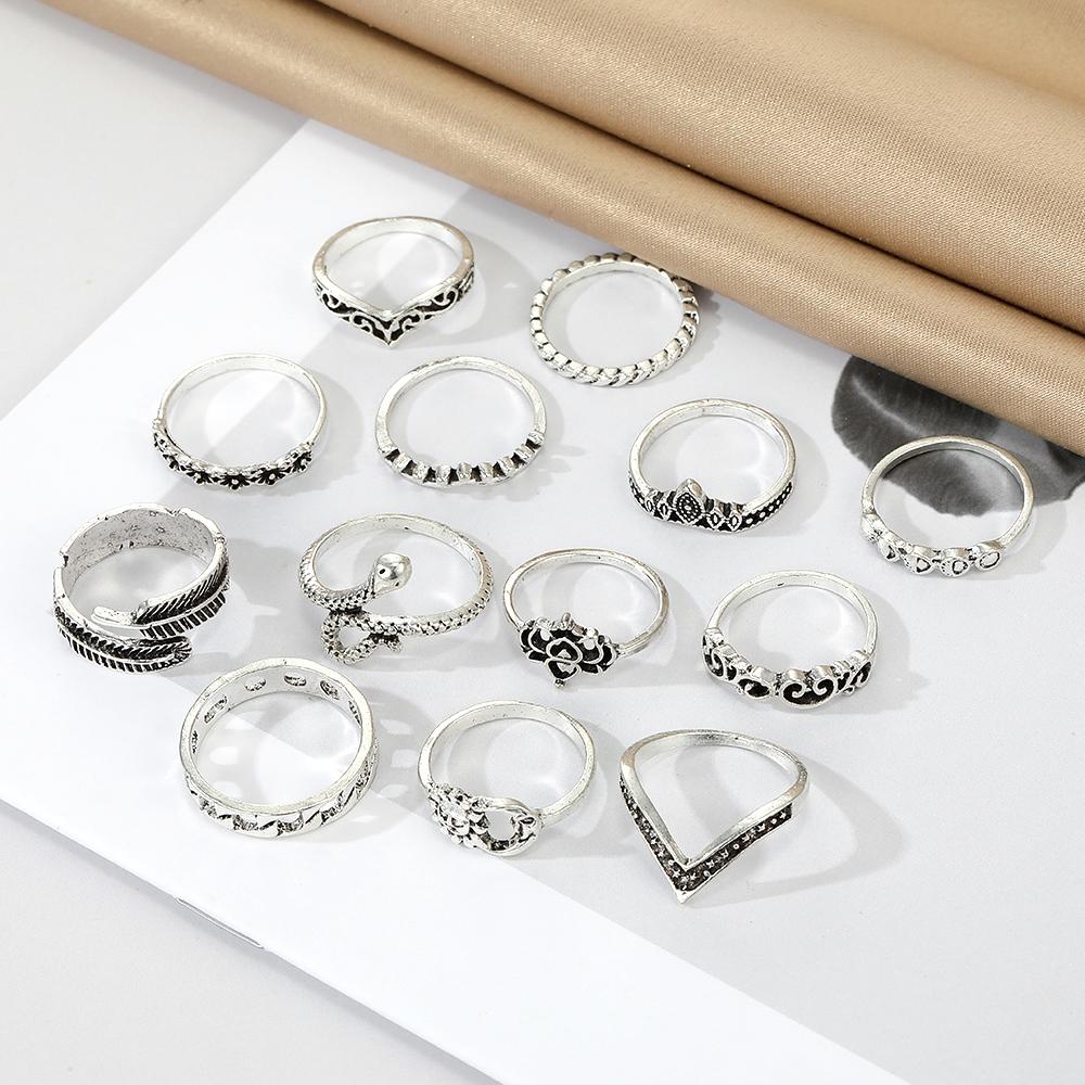 14PC Bague Creusée à la Main Sculpture Plume Bijoux Ouverture Ajustable Ensemble de Bagues