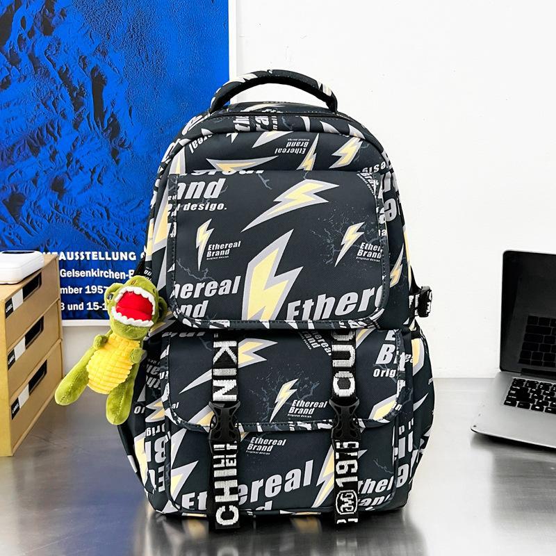 Schoolbag Japanese ins Street Lightning Personality Graffiti Backpack Trendy Cool Handsome Teen Boys Strong Durable Backpack