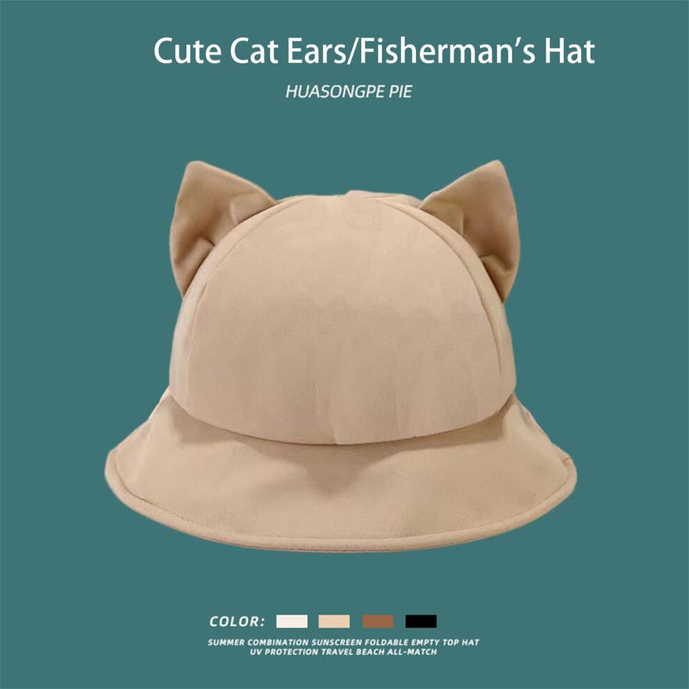 (One Size, Khaki) Women Summer Cat Ear Sun Hat Lightweight Solid Color Sun Protection Fisherman Bucket Hat