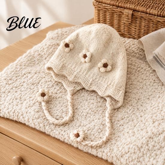 Fashionable Wavy Lace Brim Hat Baby Winter Woolen with Floral Decor Windproof Warm Knitted Toddler Girl Gift for Hat Ear Protection Cap Autumn