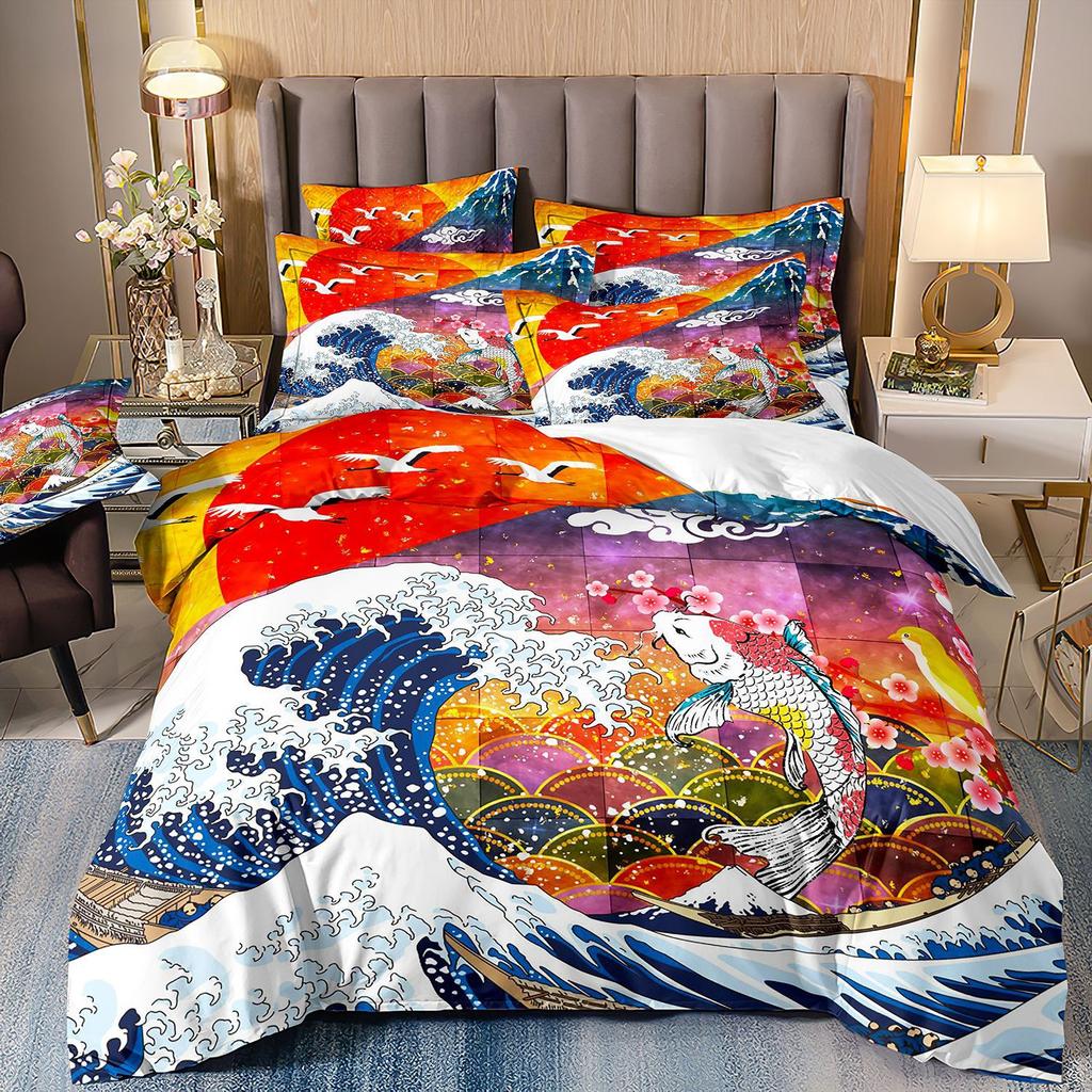 3D Three-Piece Ukiyo-E Painting Wave Flower Quilt Cover Digital Printing Bedding