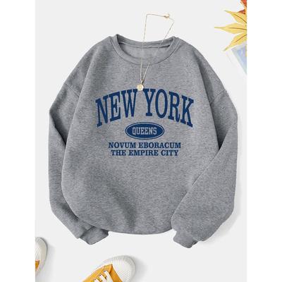 Bluza z nadrukiem napisu New York, z okrągłym dekoltem, z kapturem, casualowa, na zimę i jesień, odzież damska