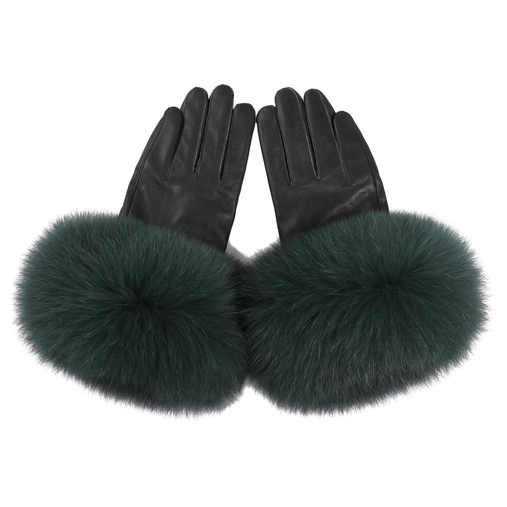 Women Genuine Lambskin Leather Gloves With Real Fox Fur Trim Cuff Winter Warm Driving Gloves-Velvet Lined