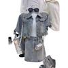 Set Denim Elegant de Vară cu Strassuri: Jachetă Retro cu Mânecă Scurtă + Pantaloni Scurți cu Talie Înaltă pentru Femei