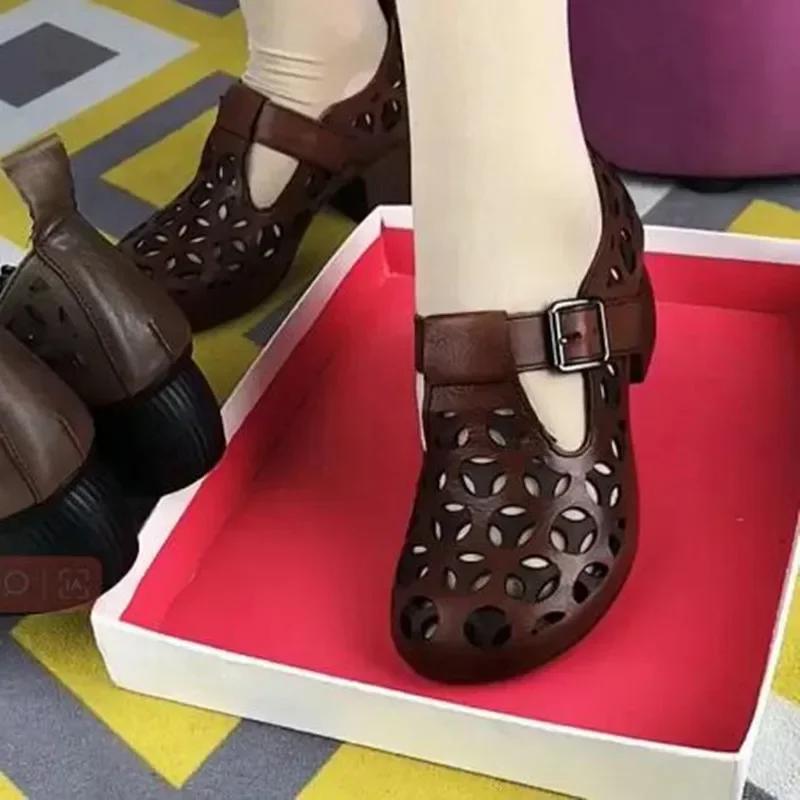 NEW Hollow Women Pump Fishnet Mesh Sandals 2026 Summer Handmade Retro Female Shoes Square Toe Sandals Women Heels Hsigh Sandals