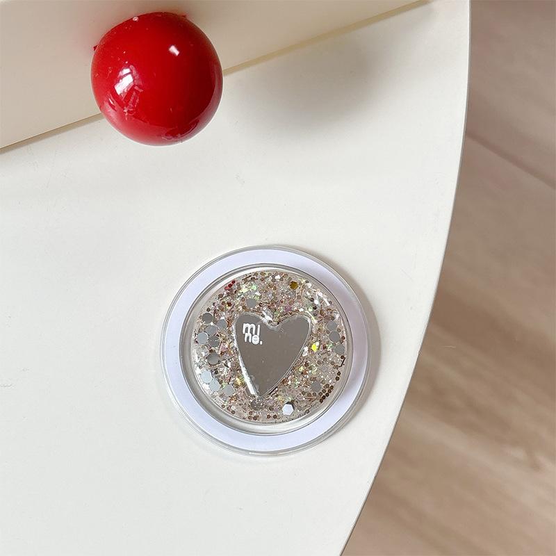 Round Sequin Love Mirror Mobile Phone Holder Airbag Retractable Magnetic Desktop Stand To Watch Dramas And Fold To Carry With You