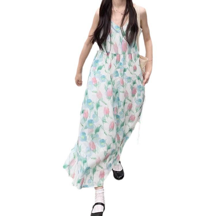 Süßes Sommer Tulpen V-Ausschnitt Träger Strandkleid