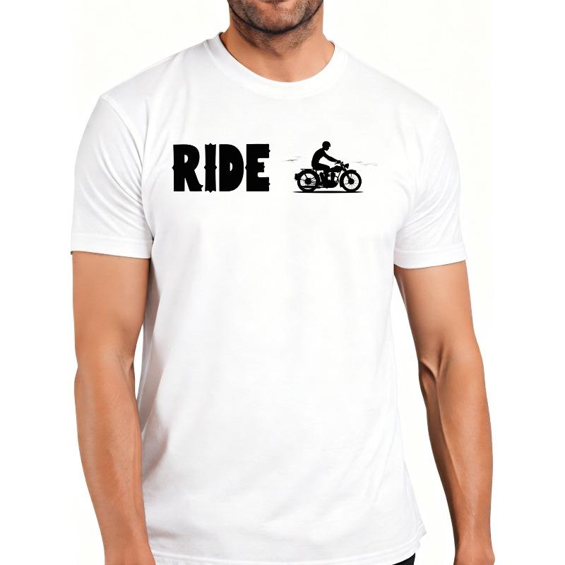 European sizes Men's Cotton Motorcycle T-Shirt - Retro Rider Print Short Sleeve Top with Motorcycle Silhouette Design, Breathable Soft Round Neck Tee