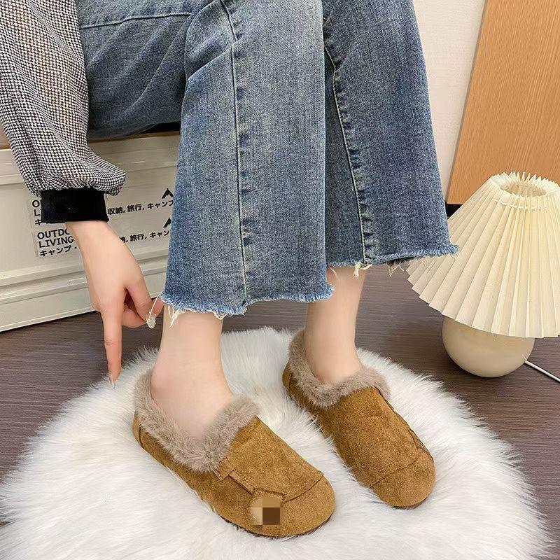Retro Soft-soled Casual Fluffy Shoes for Women's Autumn and Winter New Non-slip One-pedal Warm and Velvet Beanie Cotton Shoes