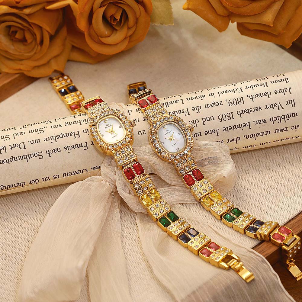 New Women's Watches  Luxury Elegant Ladies Wrist Watch Colorful Rhinestone Quartz Wristwatch Vintage Dress Gift Small Clock