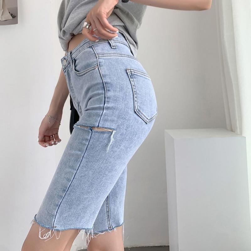 

Женские джинсовые шорты, летние тонкие эластичные студенческие шорты с высокой талией, популярные повседневные прямые рваные брюки для верховой езды среднего размера Y2k Rave Cycling XL светло-синий