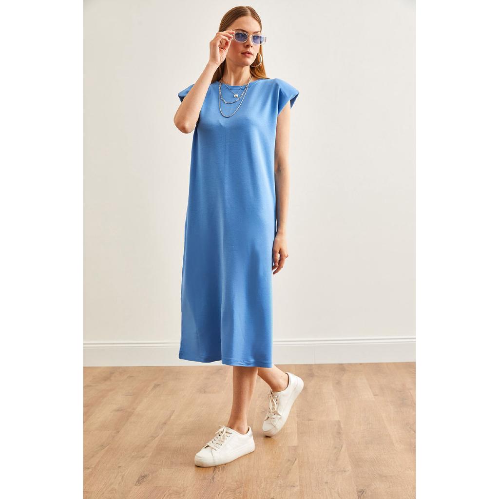 Women's Navy Blue Shoulder Padded Crystal Dress Elb-19002086