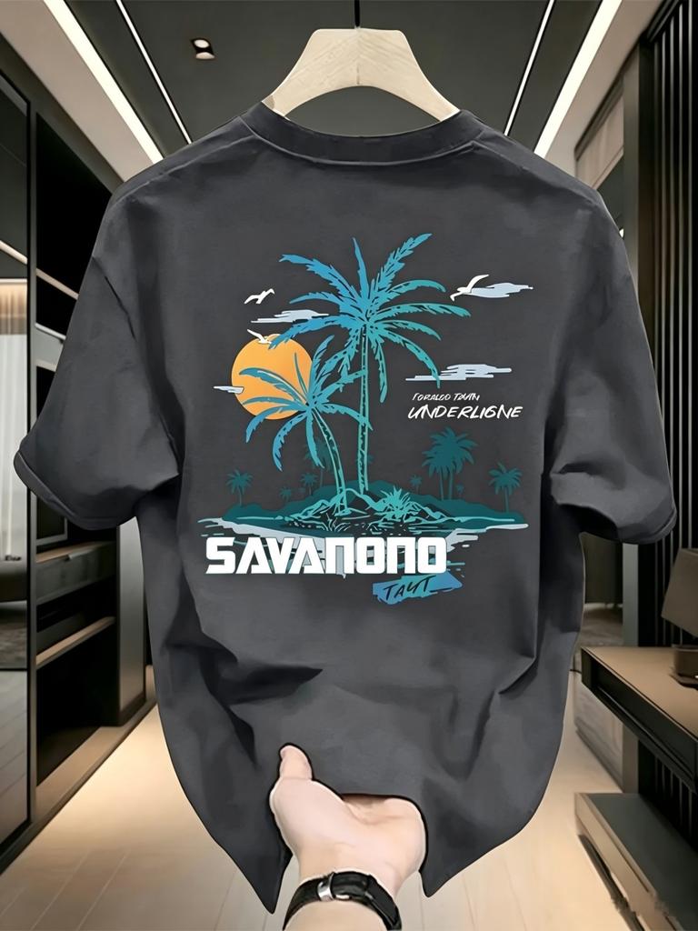 New Unisexs Summer Beach Coconut Tree Letter Printed Machine Wash Comfortable Breathable Round Neck Tshirt Outdoor Casual Top