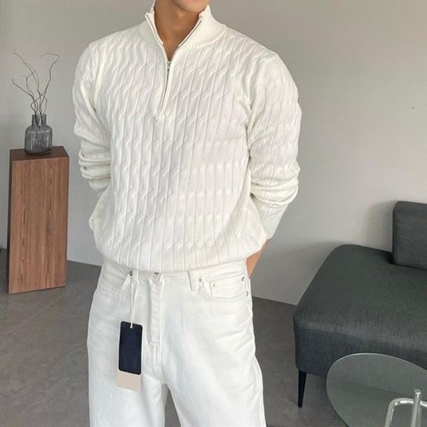 

Мужской модный свитер с косами на молнии: Свободный крой полуводолазки-пуловера для осени и зимы M