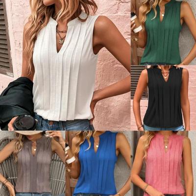 Colete T-shirt Casual Solto Europeu & Americano com Decote V e Pregas