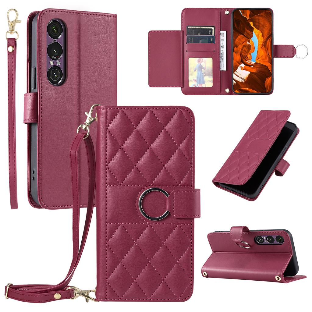 For Sony Xperia 1 VII Case Ring Buckle Wallet Stand Rhombus Crossbody Leather Mobile Cover