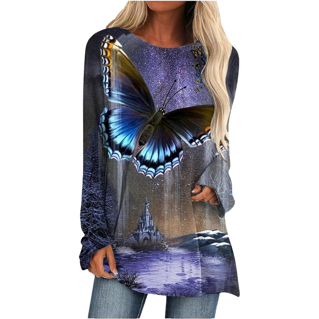 Spring and Autumn Round Neck 3D Butterfly Pattern Printed Top Fashionable Casual Long Sleeved Women's T-shirts