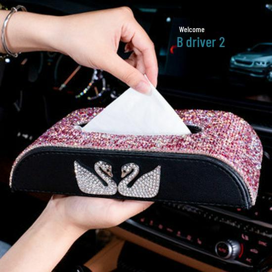 Swan Cartoon Car Tissue Box with Diamond Accents - Creative Cute Design
