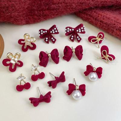 Niedliche Rote Schleife Beflockte Ohrringe Schlicht Elegant Exquisit Süße Festliche Ohrringe Ohrstecker Schmuckzubehör Jahresgeschenke