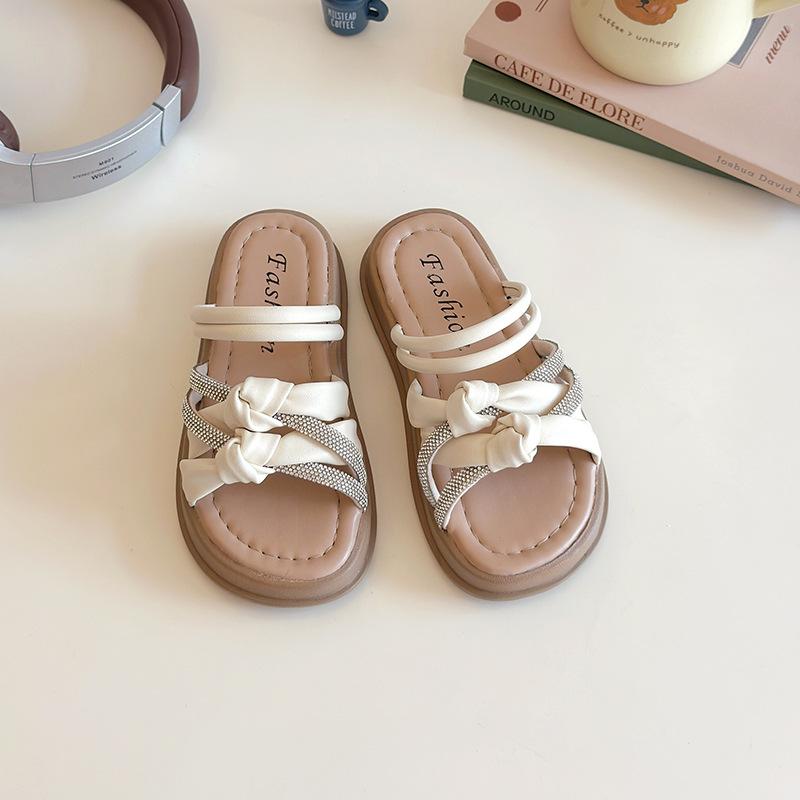 Womens Bow Knot Rhinestone Two Way Wear Flat Sandals 26 бежевый