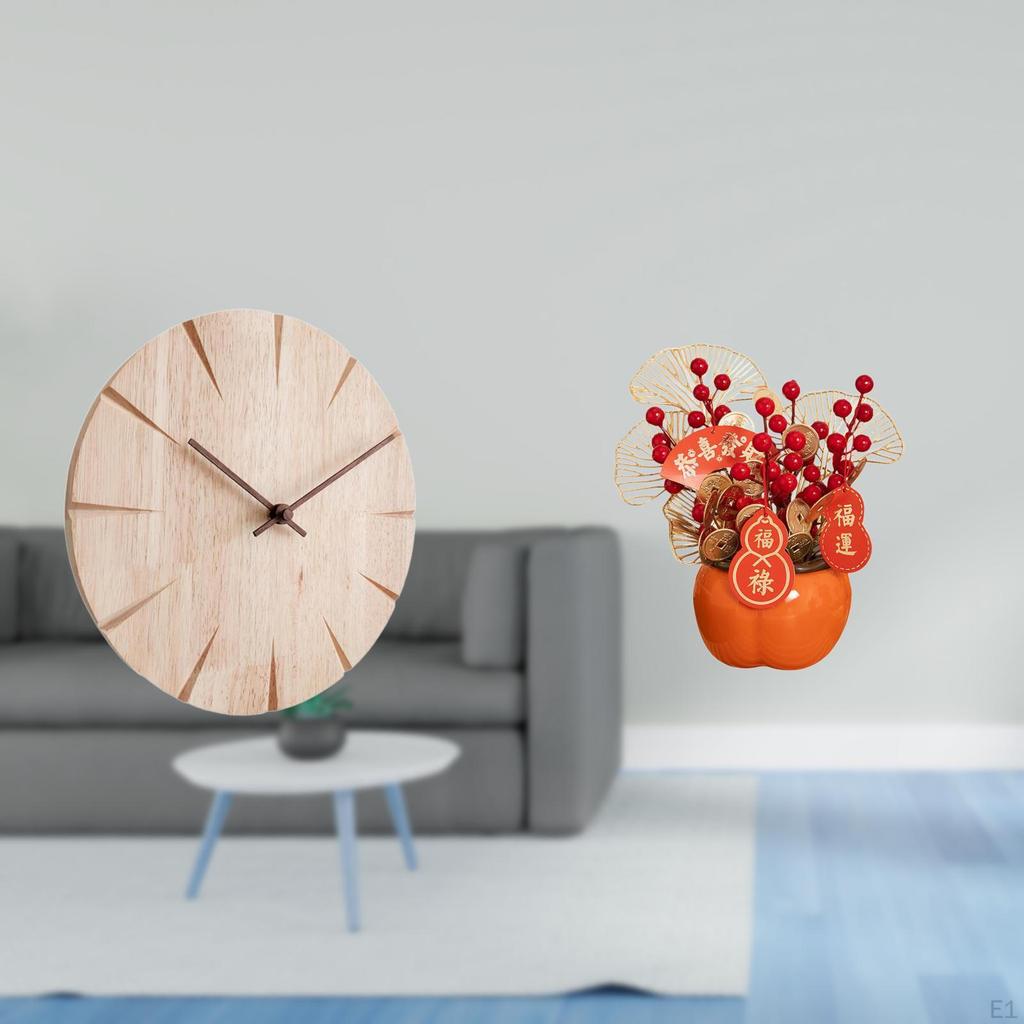 Wood Wall Clock Creative Design Silent Decorative Gift for Office Restaurant with Artificial Flower