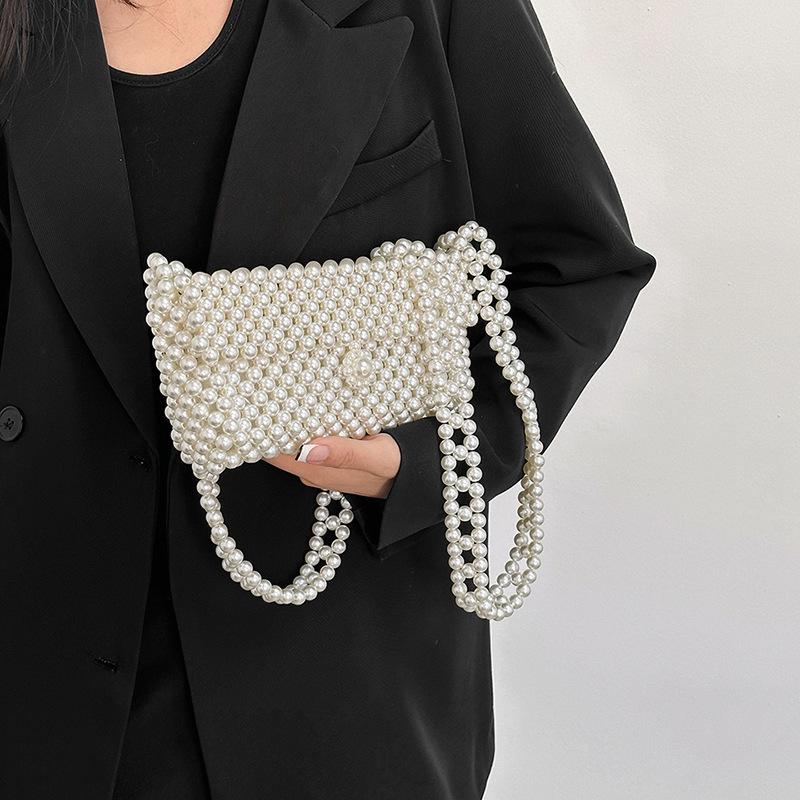 Fashion Pearl Bag Summer New Handmade Beaded Shoulder Oblique Span Women's Bag Simple Trend Woven Small Square Bag