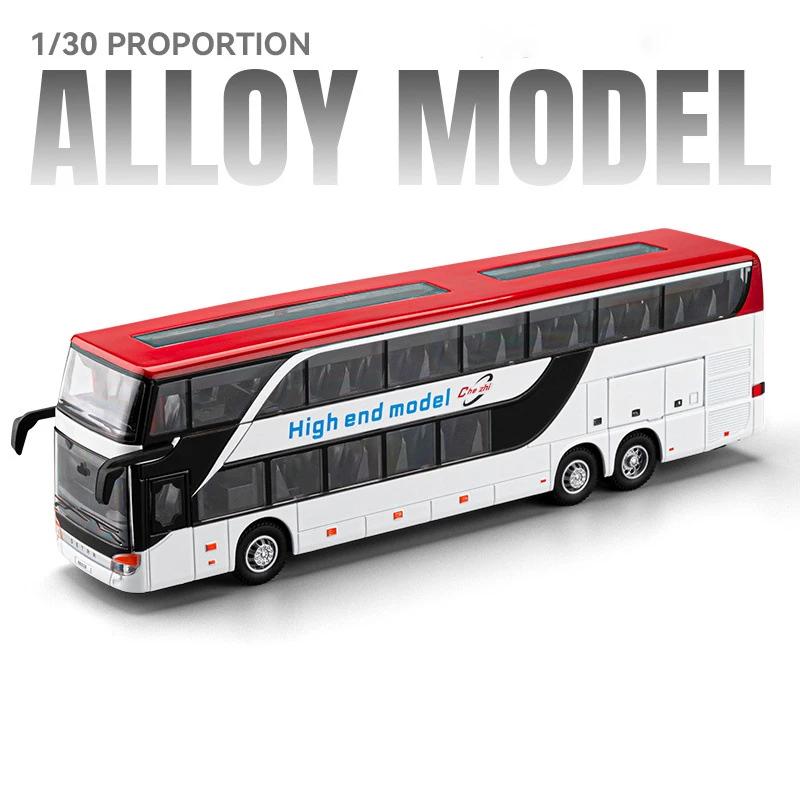 1:30 Scale Double-decker Business Bus Model Toy Car Long-distance Buses Sound Light Pull Back Models Toys Boys Christmas Gifts