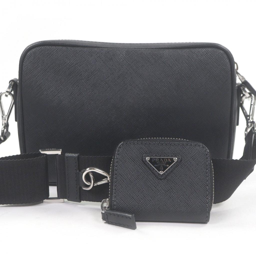 Great PRADA Shoulder Bag Triangle logo mini pouch black Safiano Used